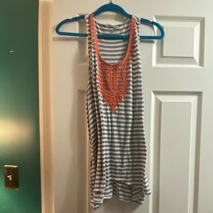 grey and white striped tank top with embroidery detail